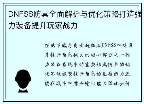 DNFSS防具全面解析与优化策略打造强力装备提升玩家战力