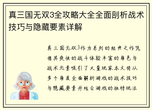 真三国无双3全攻略大全全面剖析战术技巧与隐藏要素详解